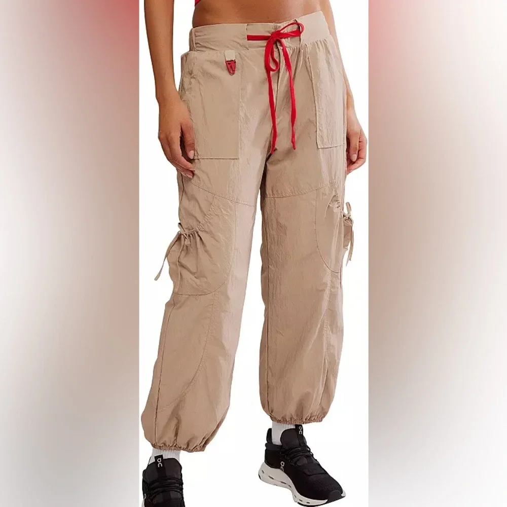 NWT FP Movement by Free People Beige Cargo Track Pants with Red Drawstring - Picture 1 of 3
